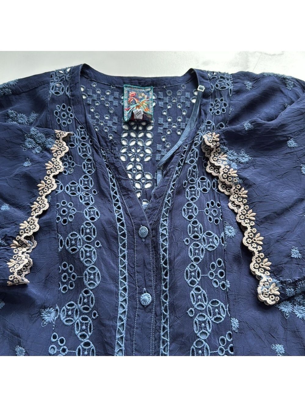 Johnny Was Blue Riza Eyelet Embroidered Shift Dress Size Small - Picture 11 of 16